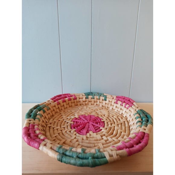 Vintage Colorful Shallow Woven Basket Boho Decor - Picture 3 of 10